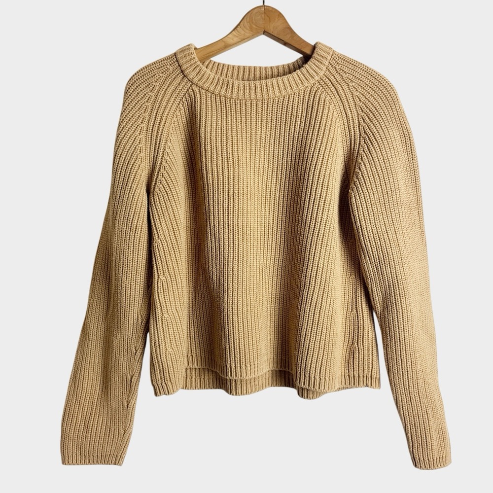 Quince Women L Tan Knit Fisherman Sweater Organic Cotton Heritage Minimalist